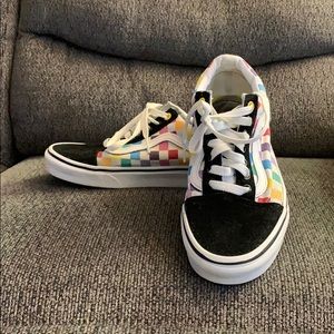 Rainbow checkered and black sued vans shoes